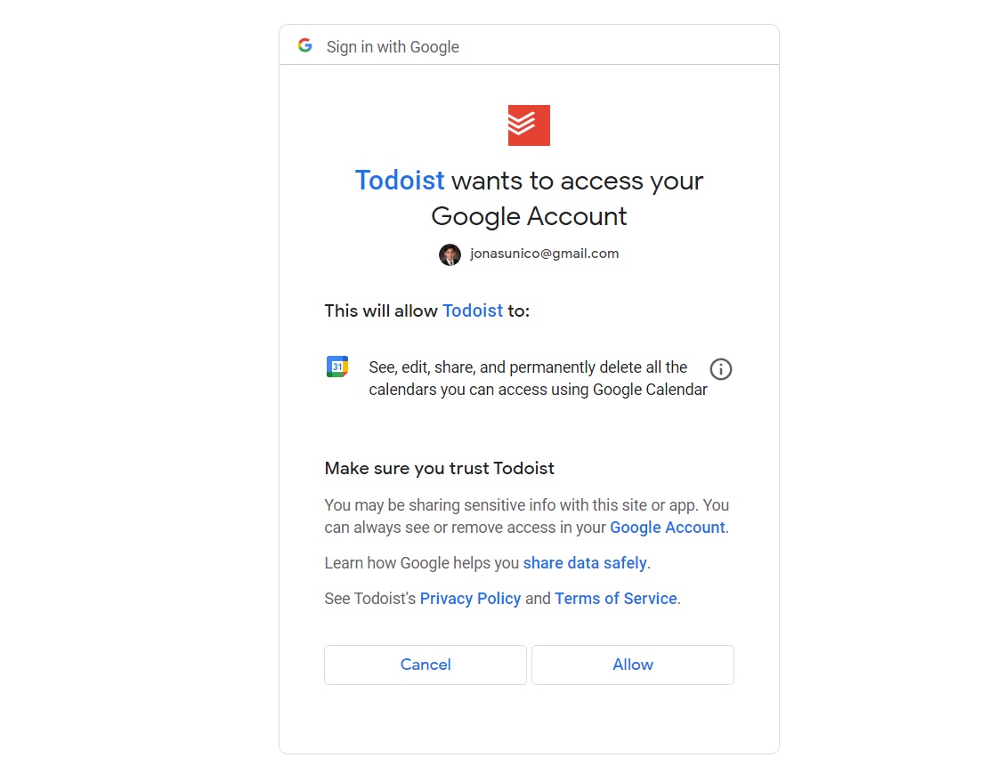 Allowing Google Calendar to Access Todoist