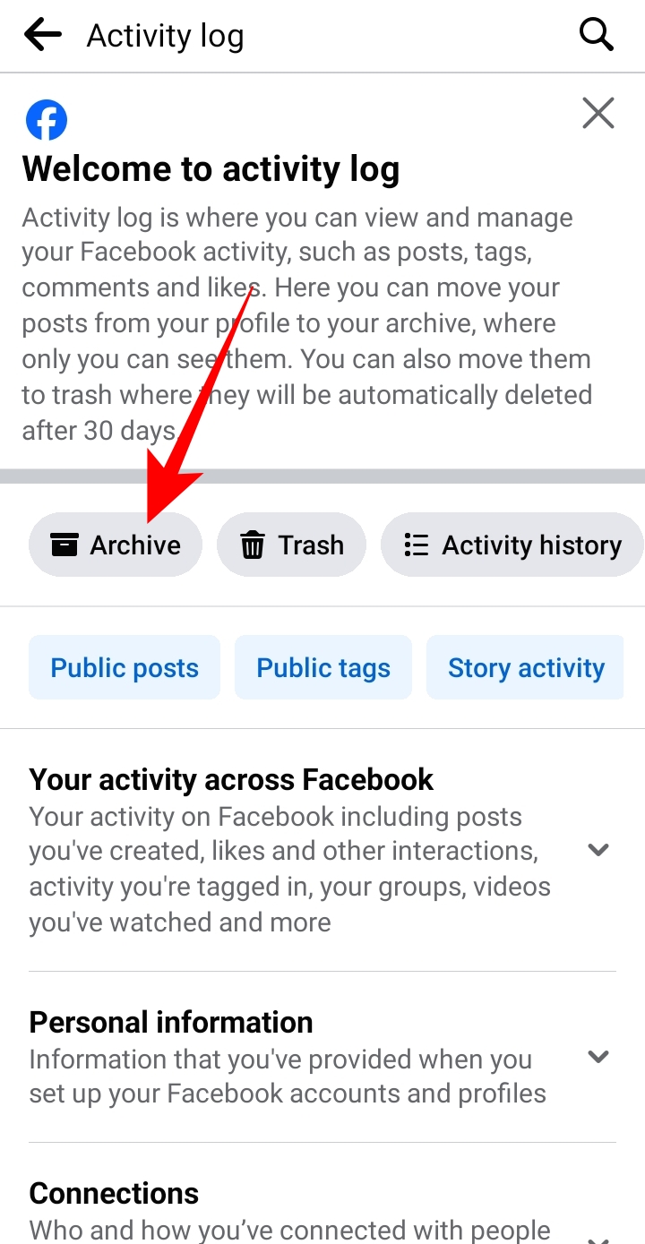Archive option under Activity log on Facebook Android app