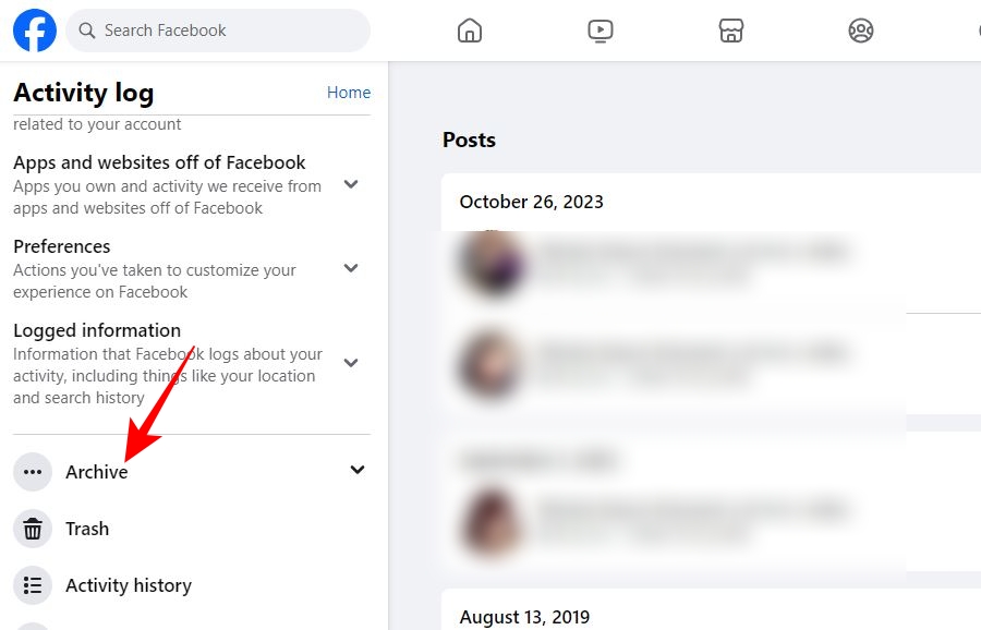 Archive option under Activity log on Facebook website