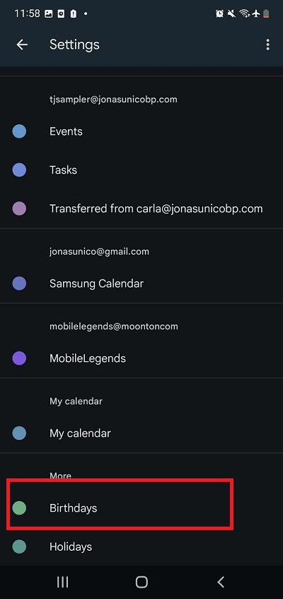 Birthdays button in Google Calendar Settings