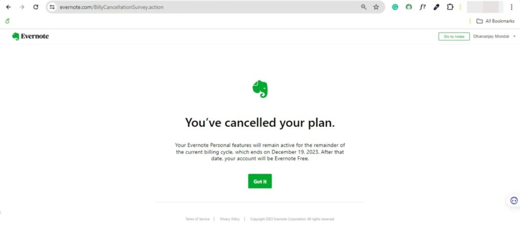 Canceled Subscription View Evernote