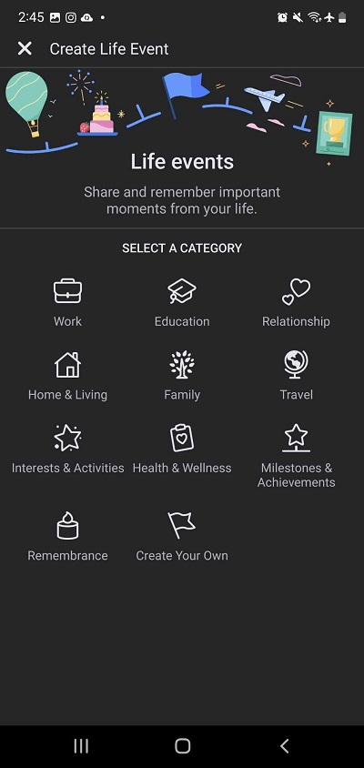 Categories for life events on Facebook mobile