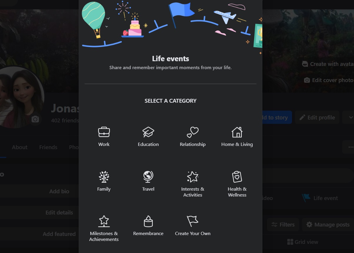 Categories for life events on Facebook