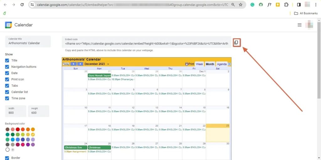 Copy Icon Embed Code Customization Page Google Calendar Web