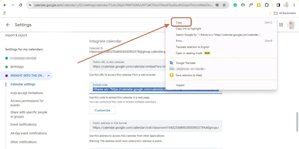Copying Embed Code Google Calendar Web