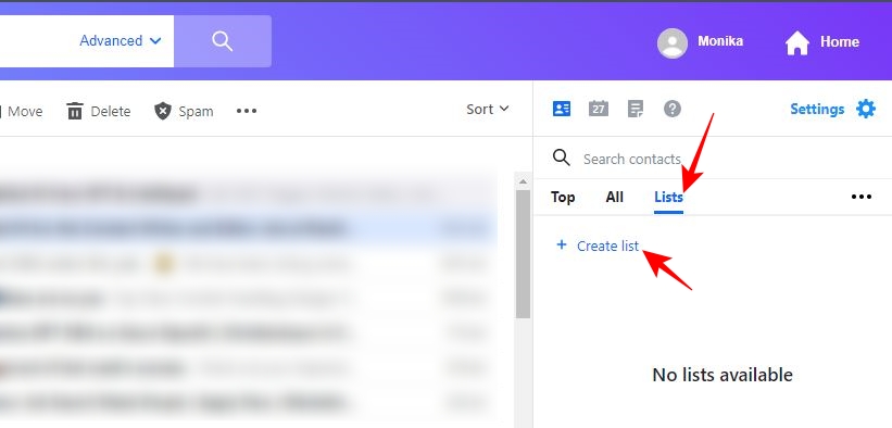 Create list option in Yahoo Mail