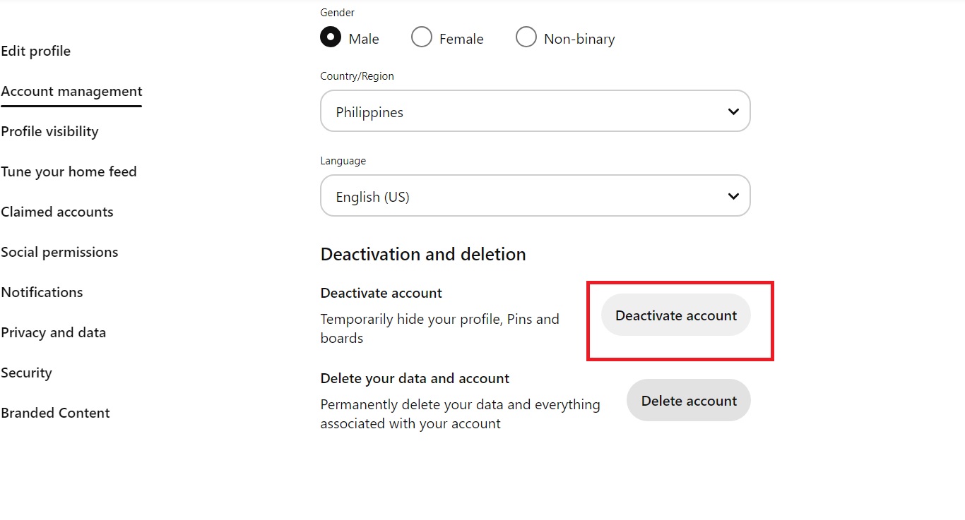 Deactivating account on Pinterest