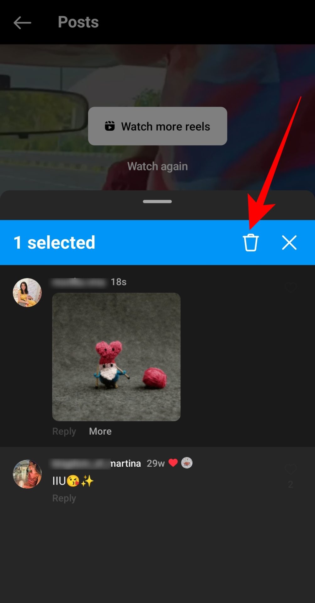 Delete icon for Instagram comment