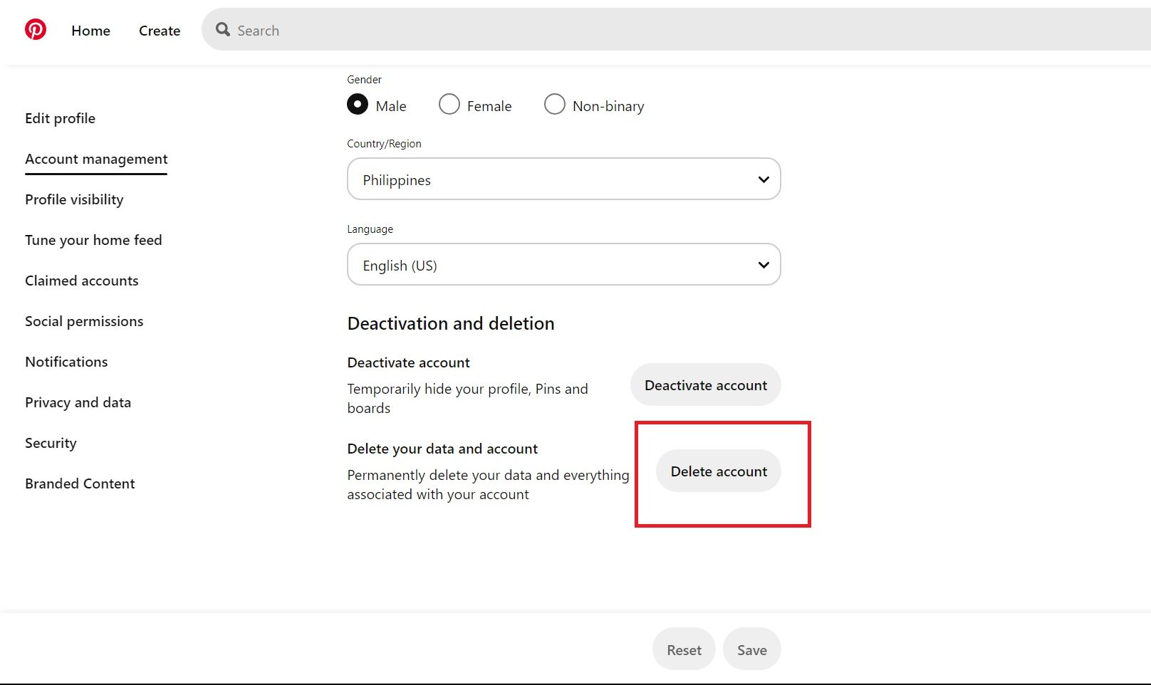 Deleting account in Pinterest
