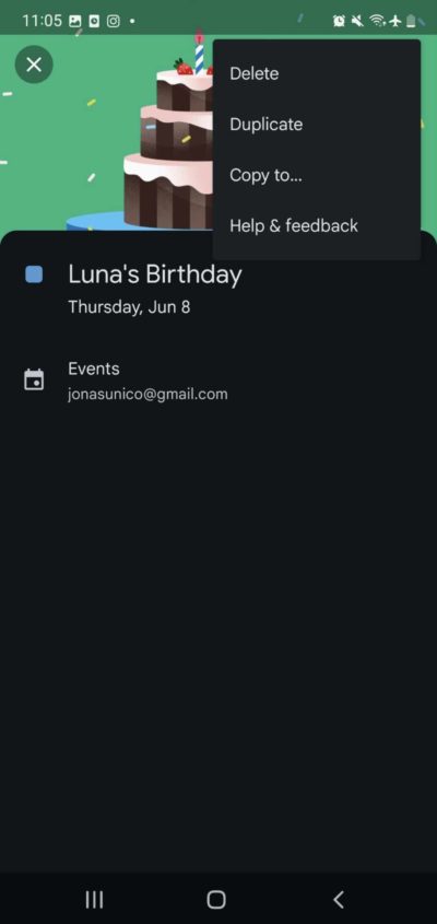 Deleting birthday on Google Calendar app