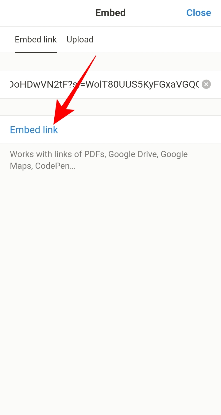 Embed link option on Notion Android app