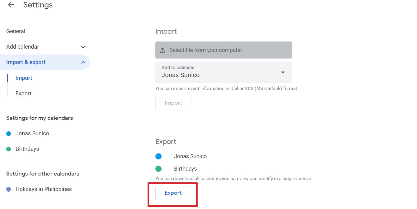 Export button on Google Calendar