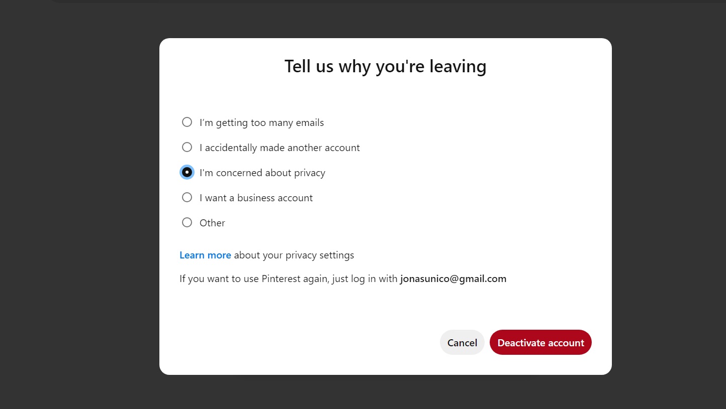 Finalizing account deactivation on Pinterest