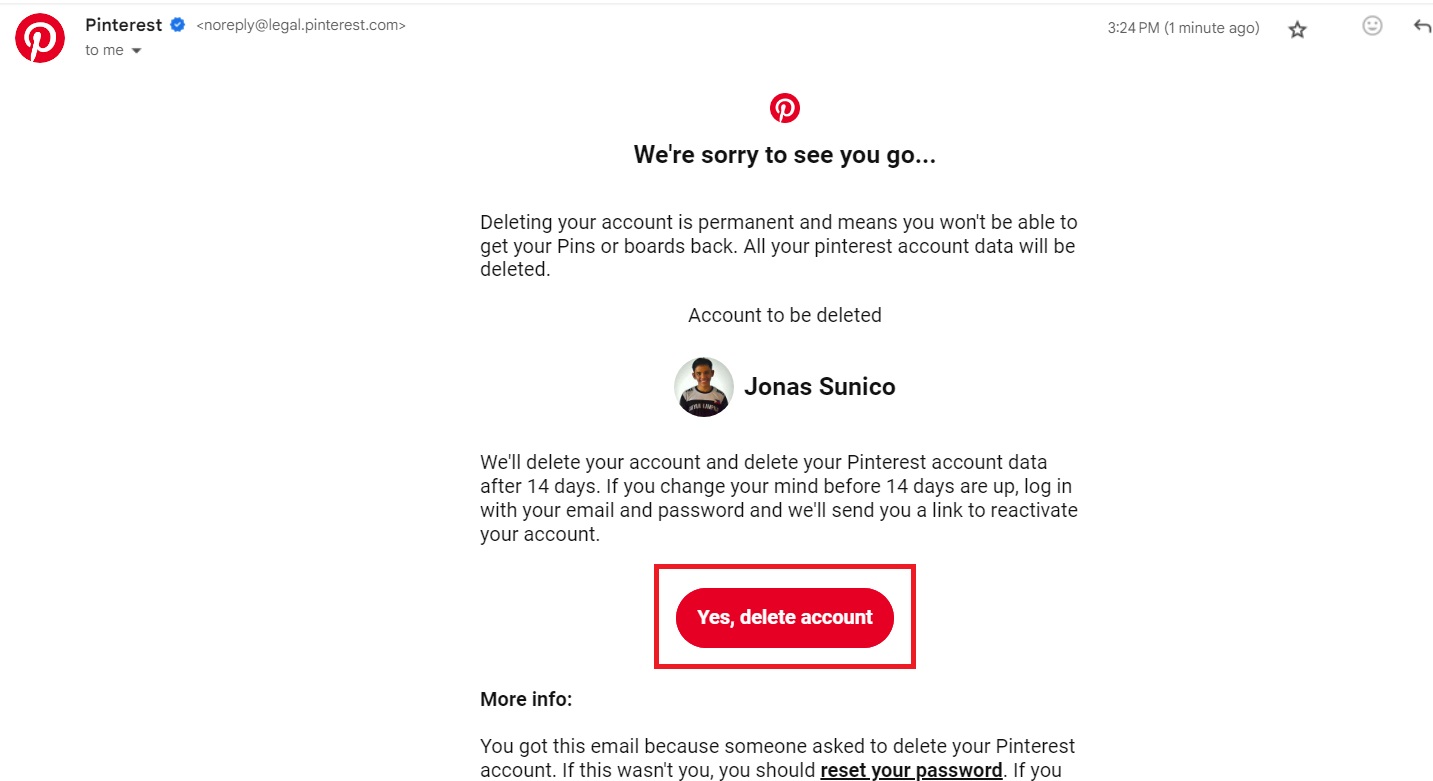Finalizing pinterest account deletion