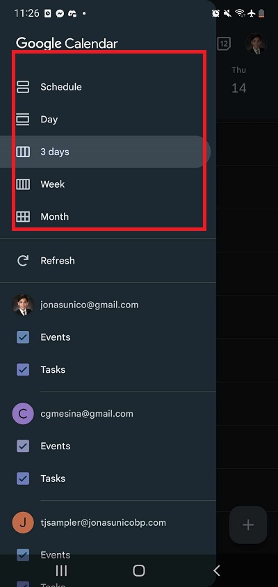 Google Calendar app calender view settings selection