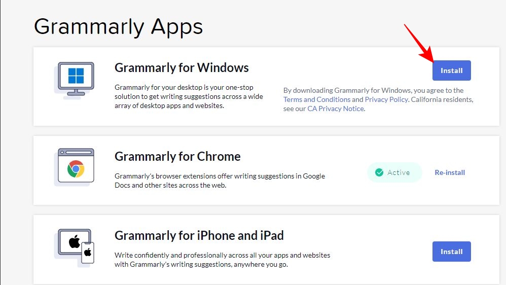 Grammarly Apps page