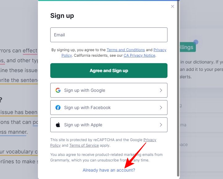 Grammarly Signup popup