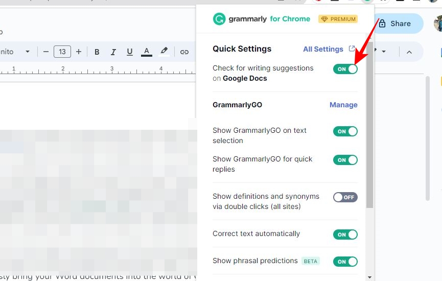 Grammarly extension quick settings