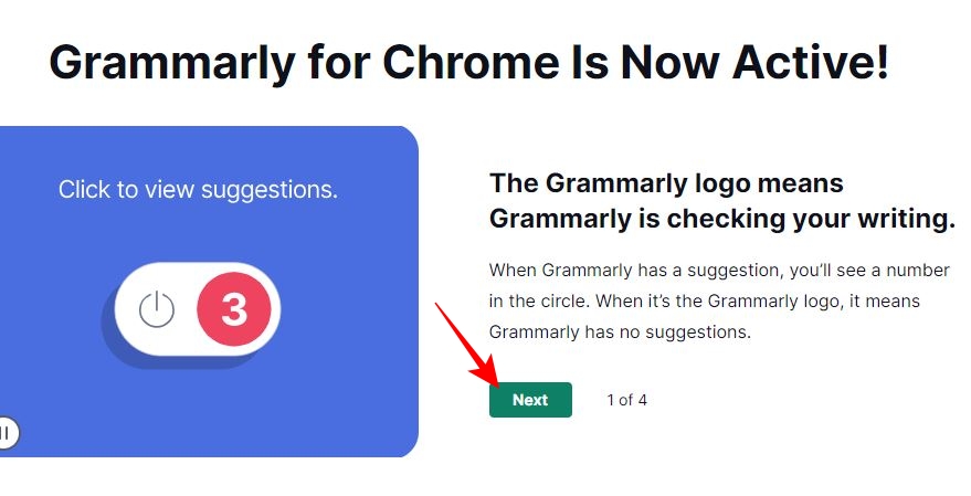 Grammarly extension success page