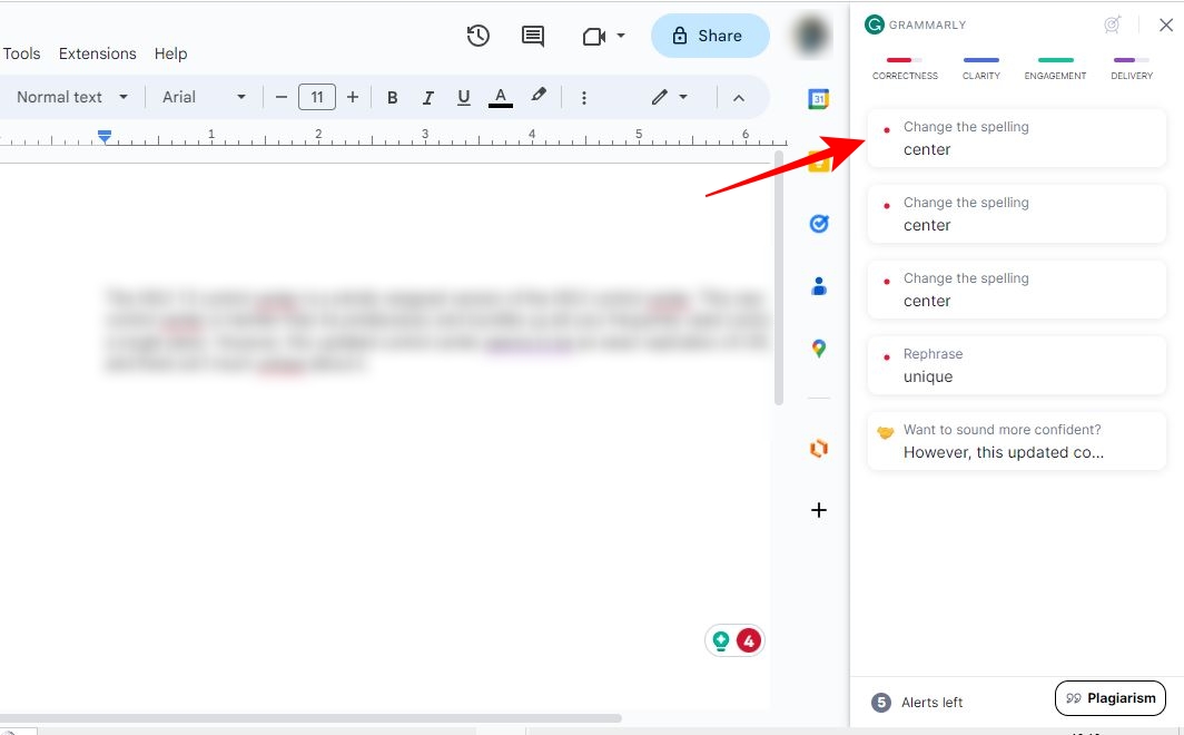 Grammarly sidebar in Google Docs