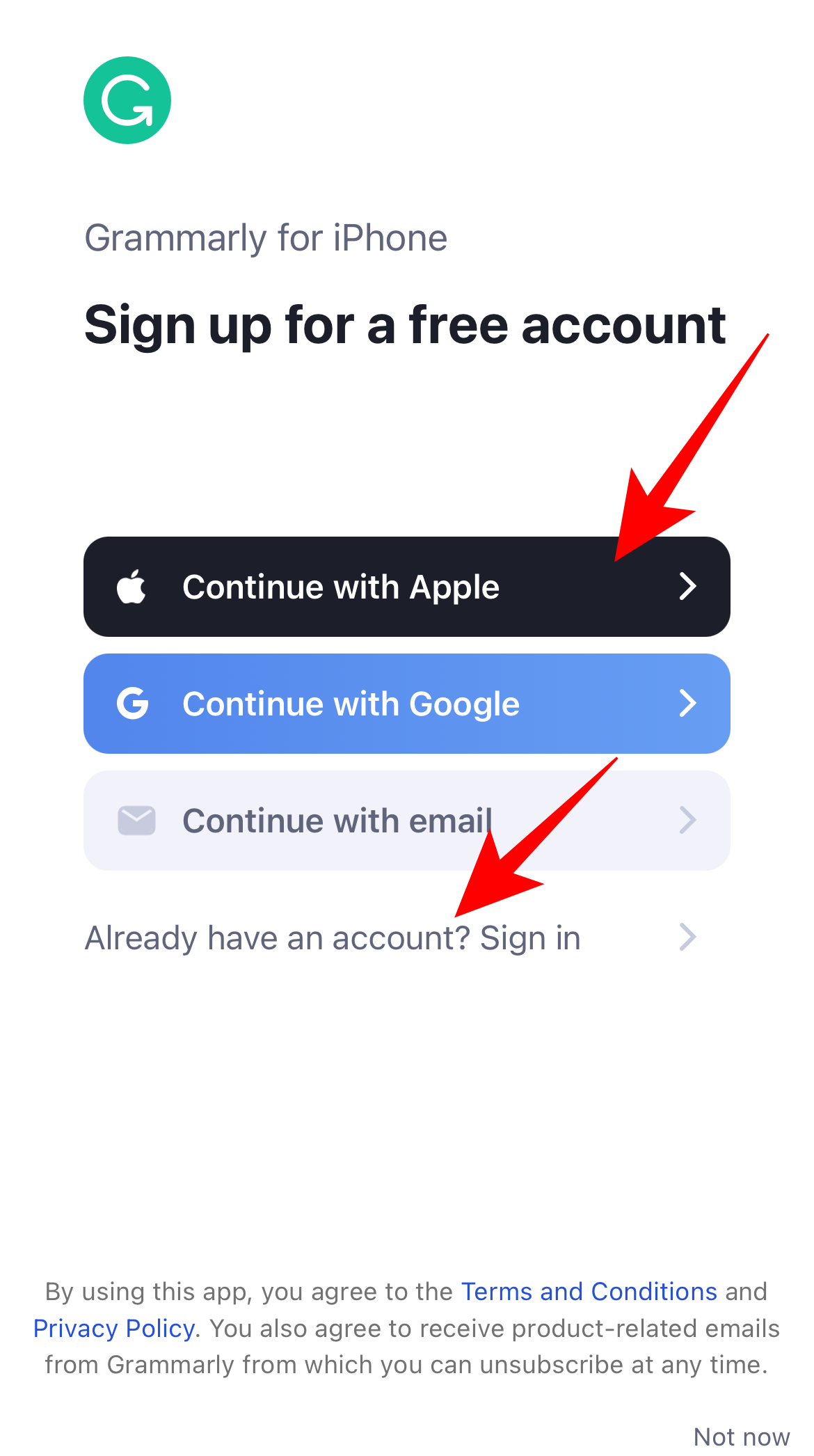 Grammarly signup page for iPhone
