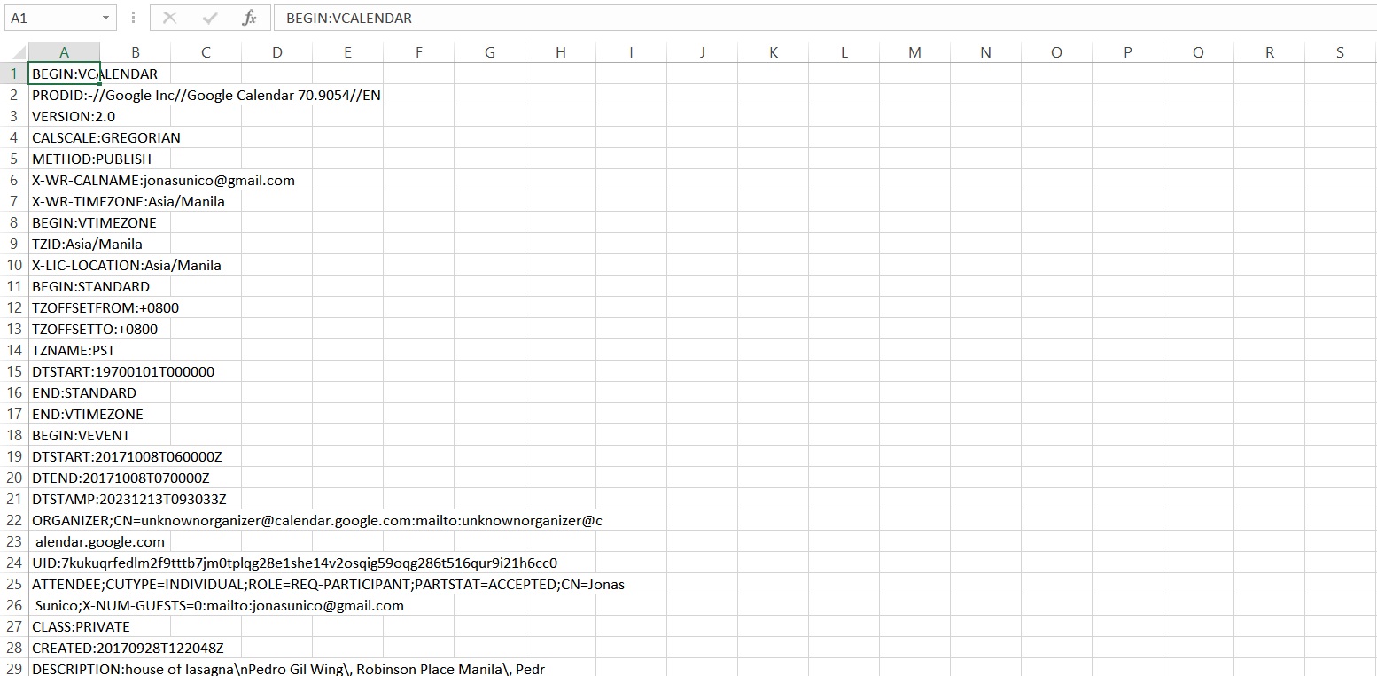 ICS file in Excel