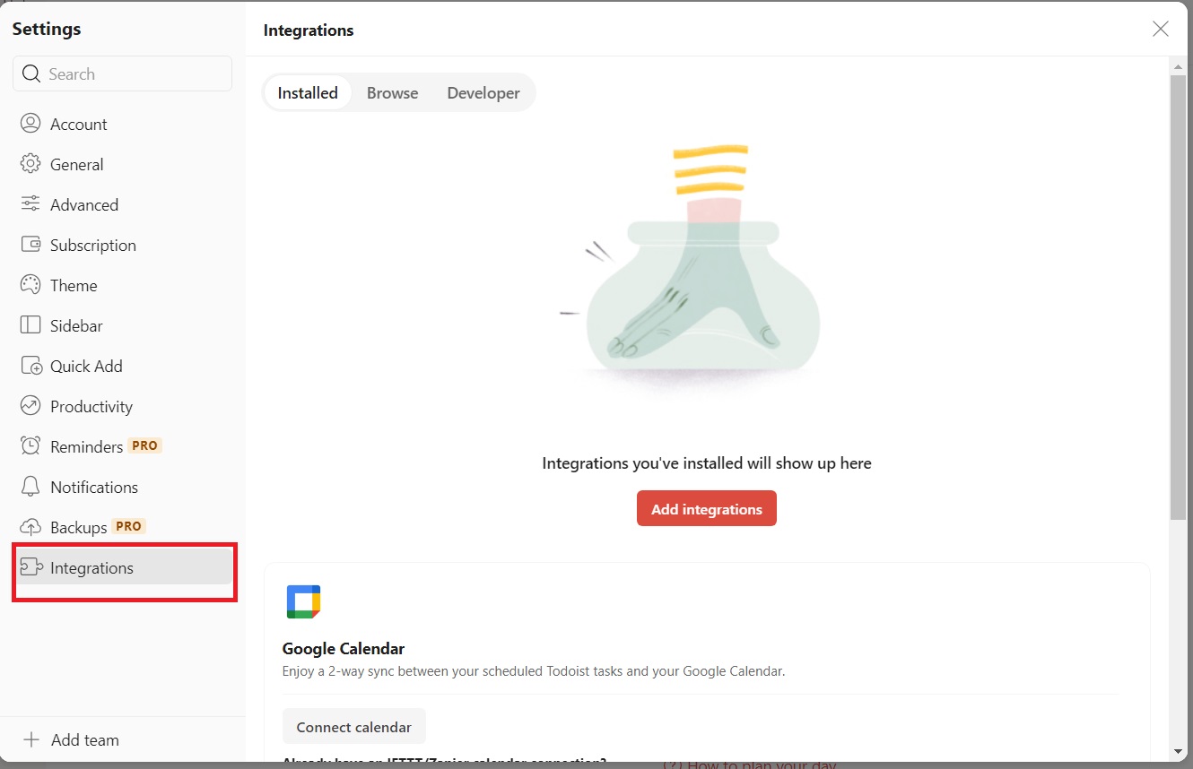 Integrations from settings in Todoist