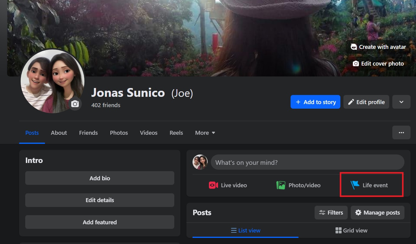 Life event button on Facebook