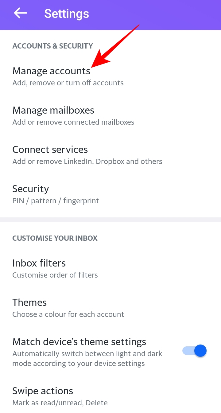 Manage accounts option in Yahoo Mail Android app