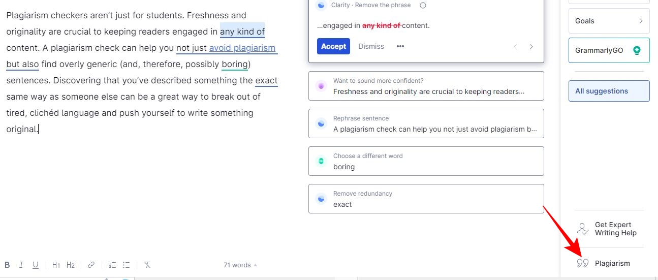 Plagiarism option at bottom of Grammarly Doc