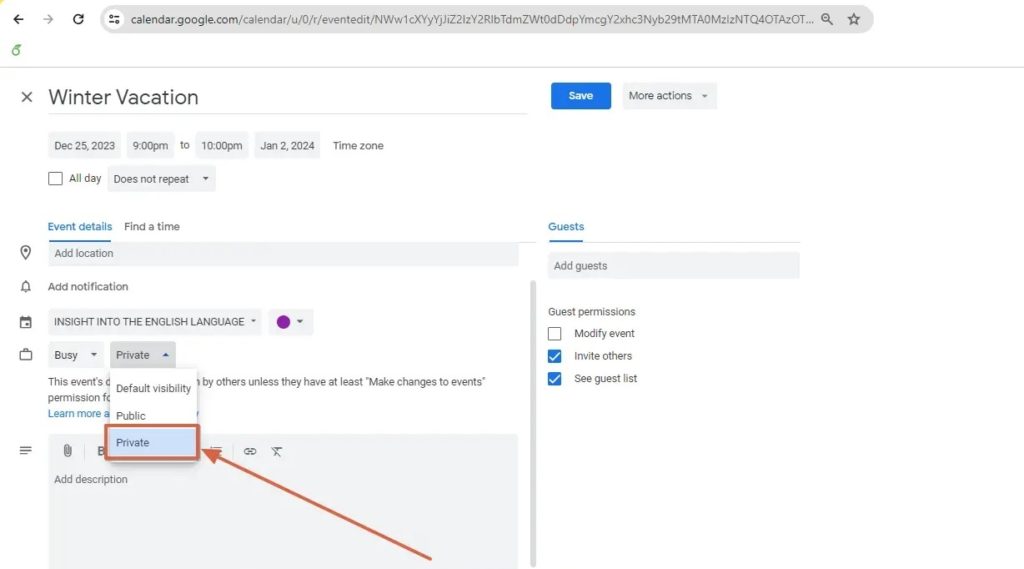 Private Event Option Google Calendar