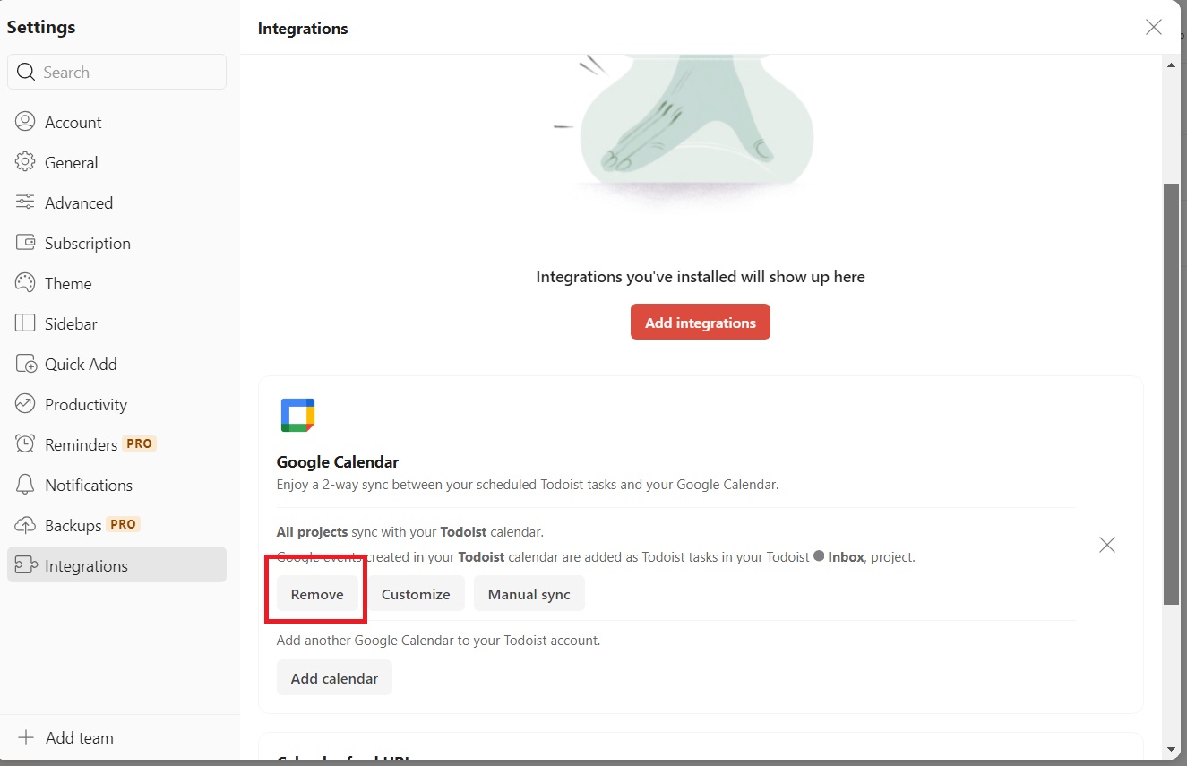 Removing calendar in Todoist