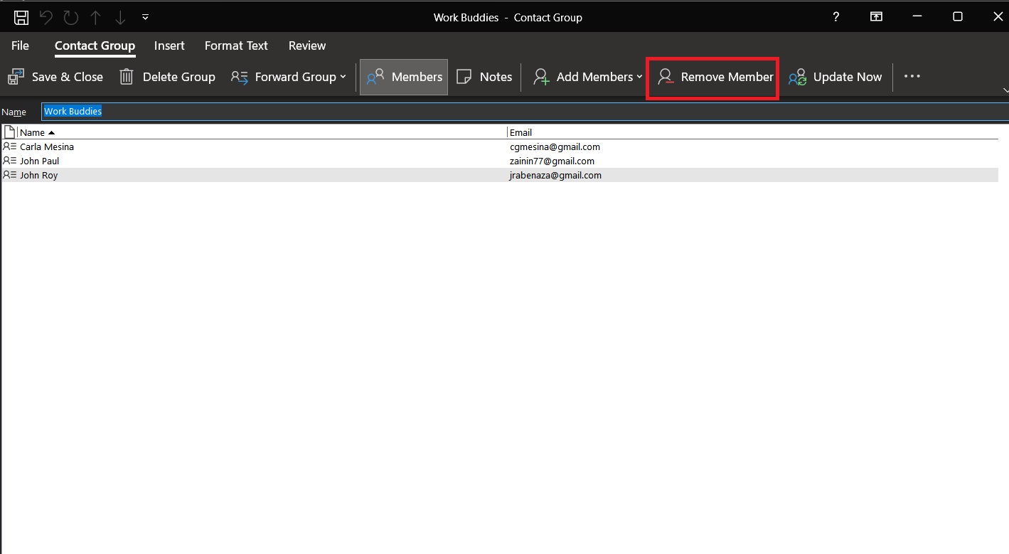 Removing member in email group on Outlook