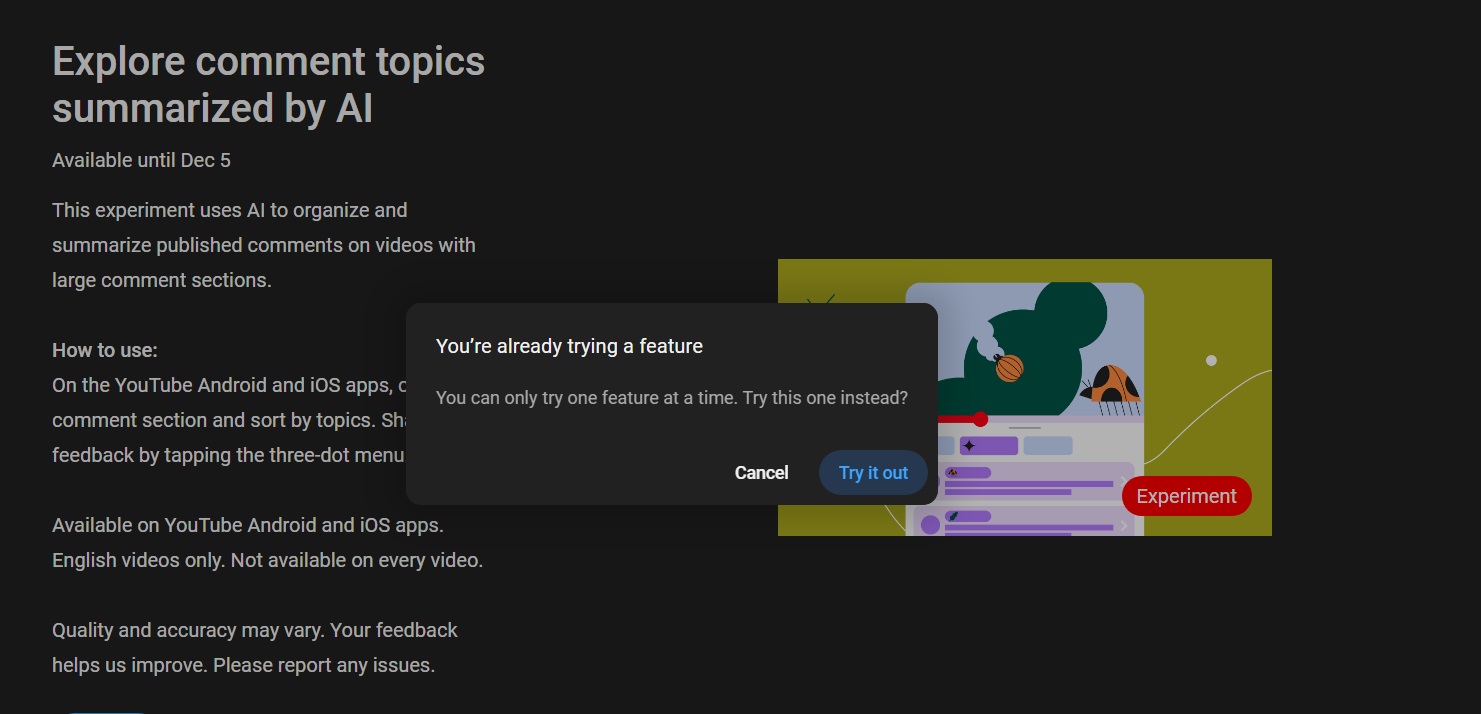 Replacing current experimental feature in YouTube