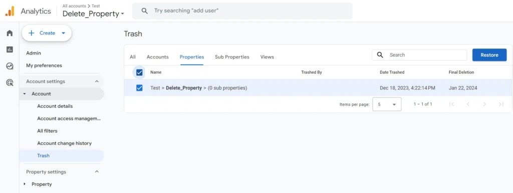 Restore Property Google Analytics