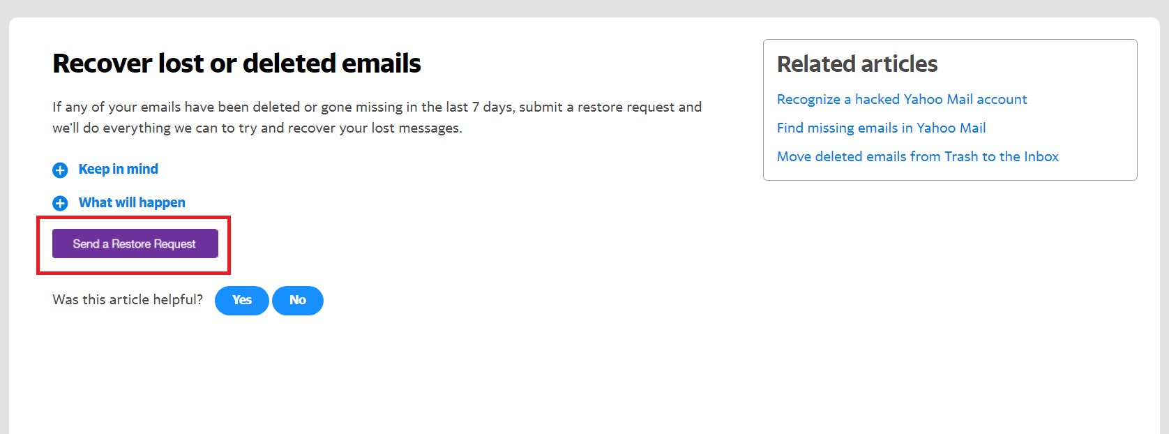 Restore Request Page in Yahoo Mail