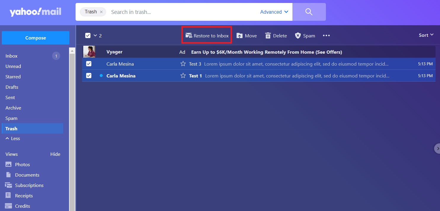 Restore to Inbox button location in Yahoo Mail