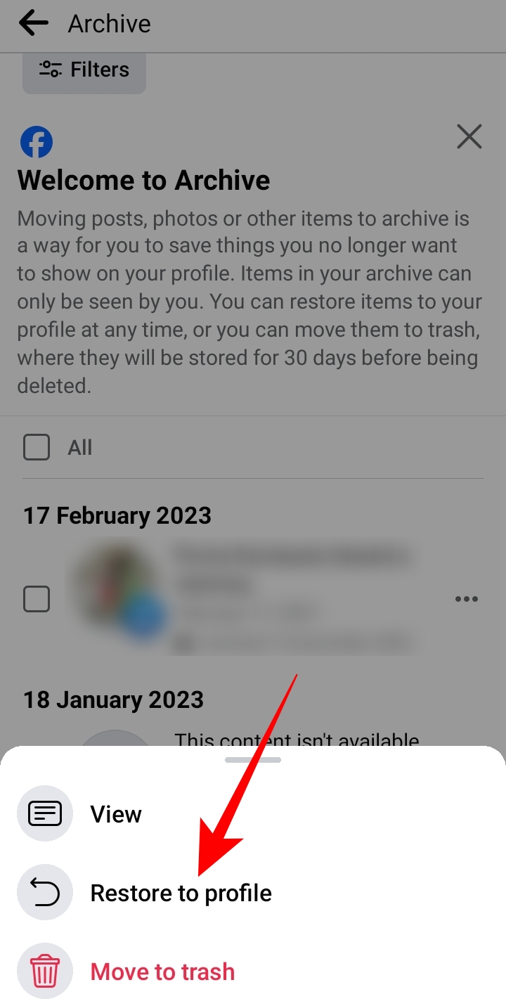 Restore to profile option on Facebook Android app