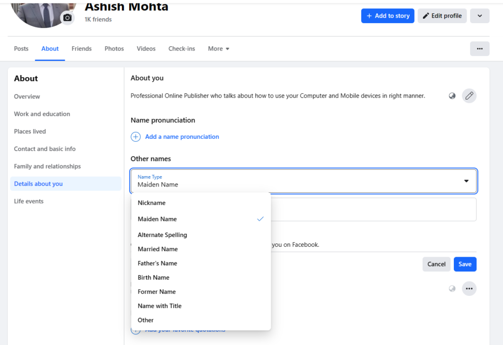 Select Maiden Name from Other Names option
