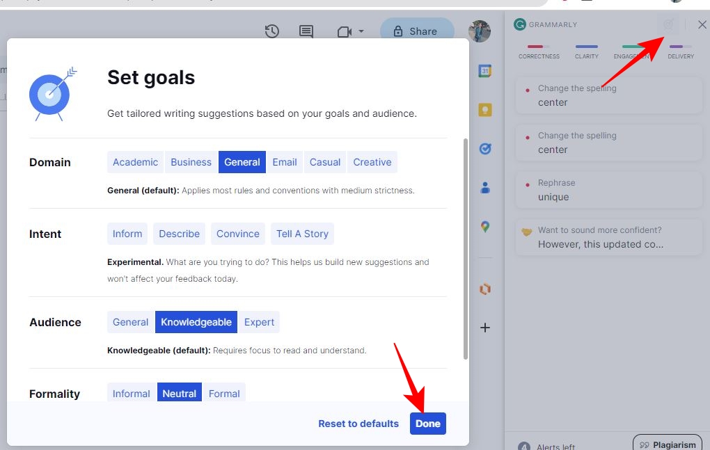 Set goals popup for Grammarly