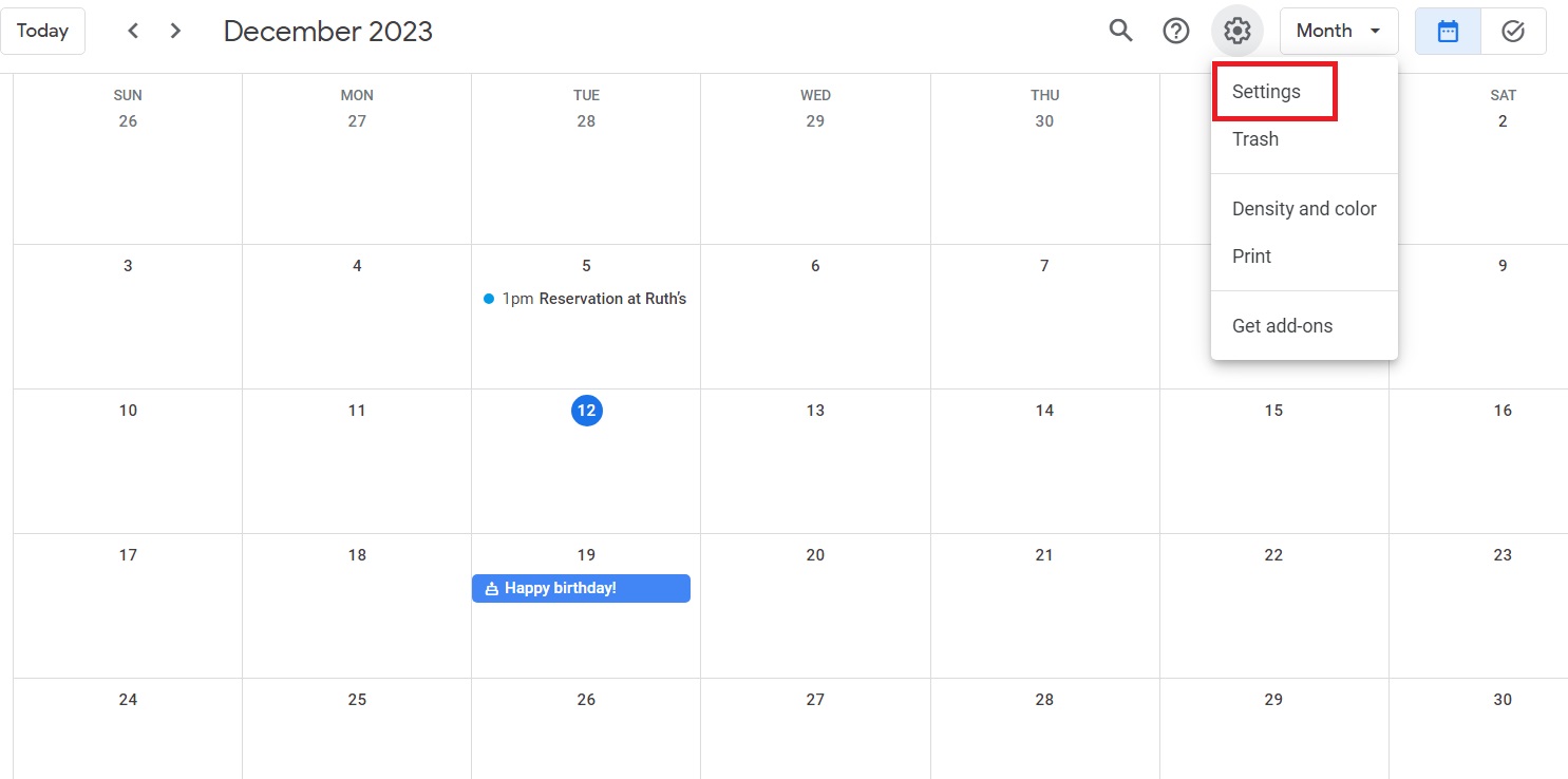 Settings button in Google Calendar