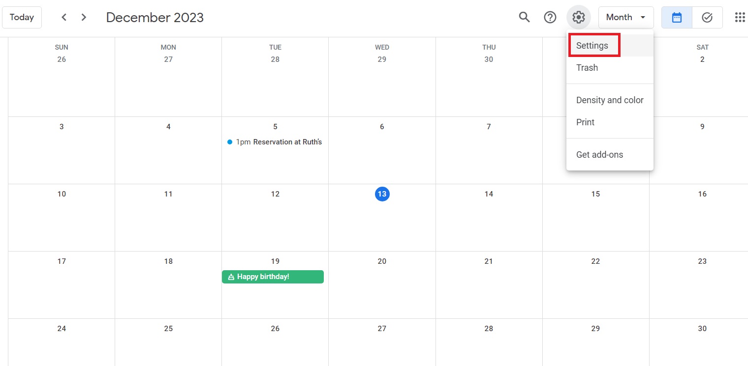 Settings button on Google Calendar