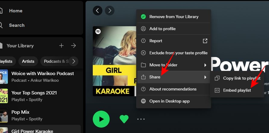 Share option on Spotify playlist on desktop