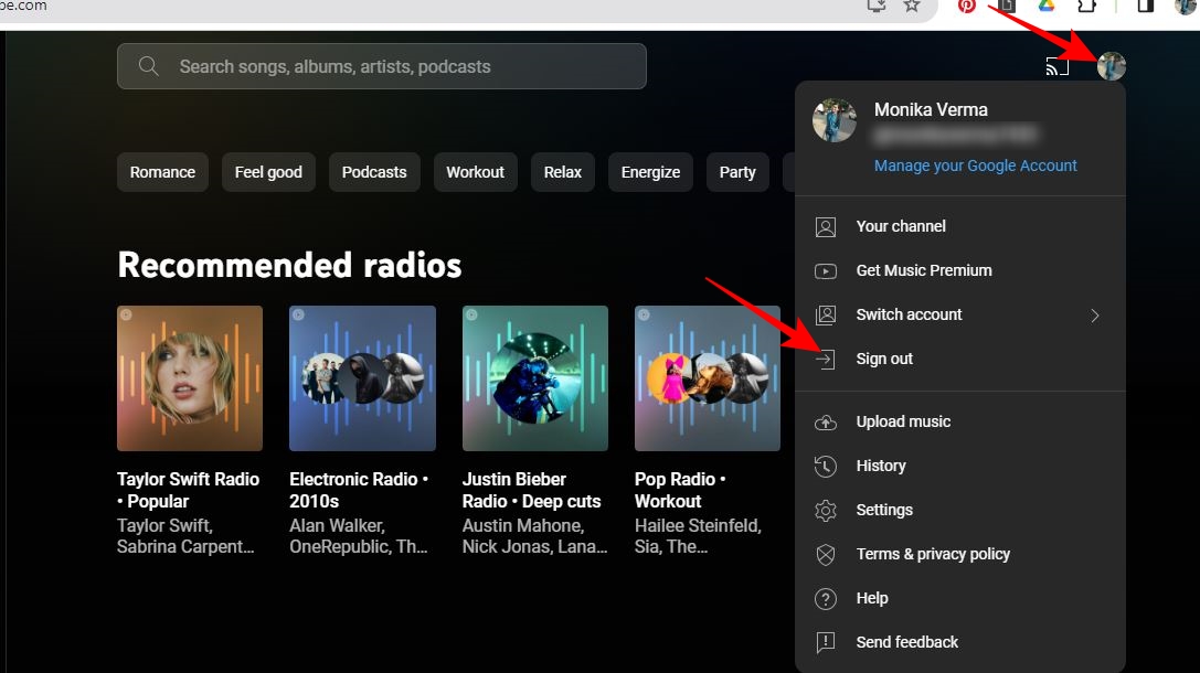 Signout option on YouTube Music web