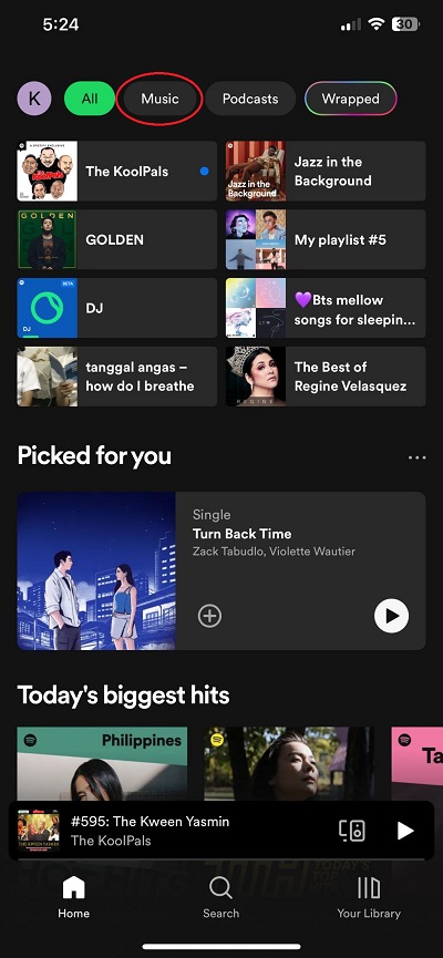 Spotify main menu with Music header