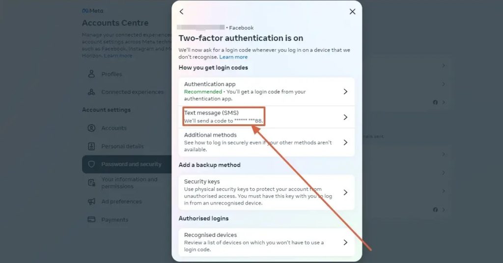 Text Message Sms Option 2fa Facebook