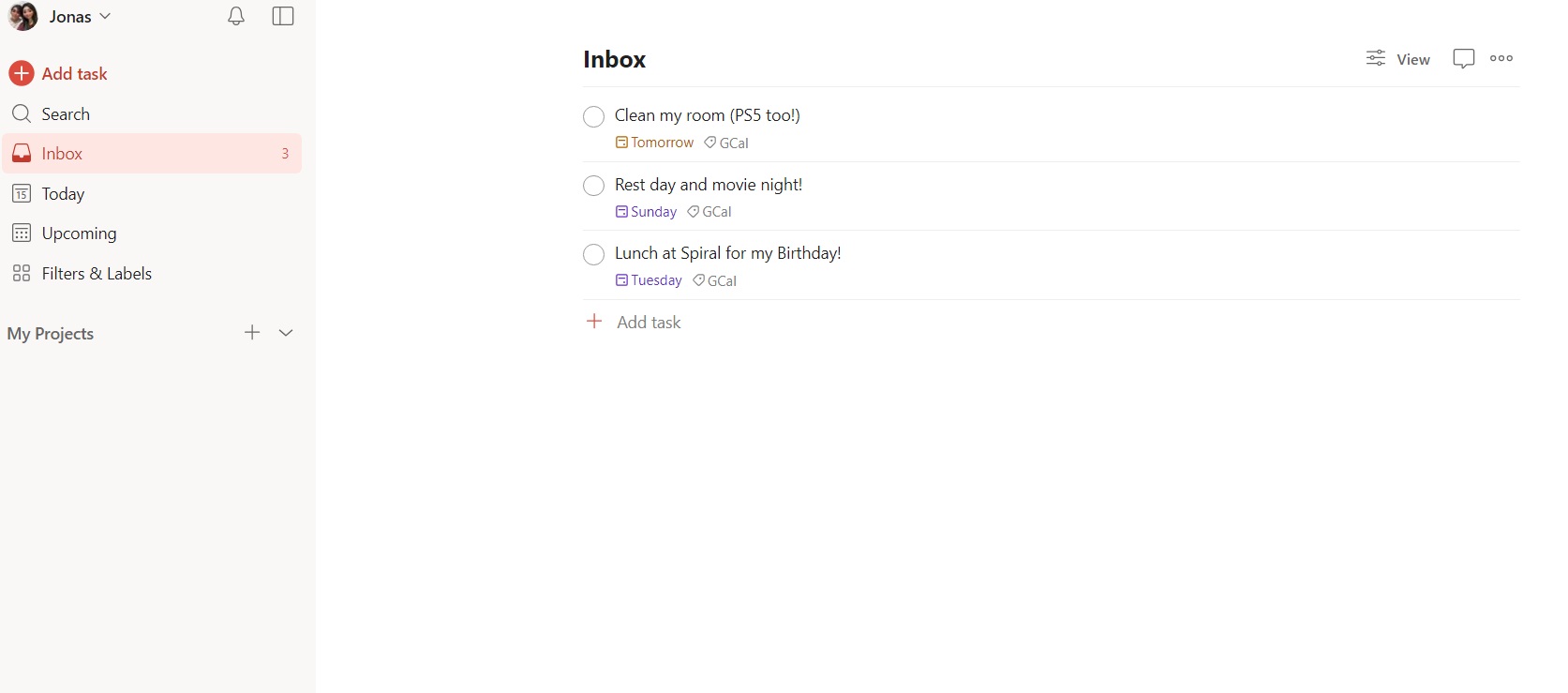 Todoist inbox with Google Calendar