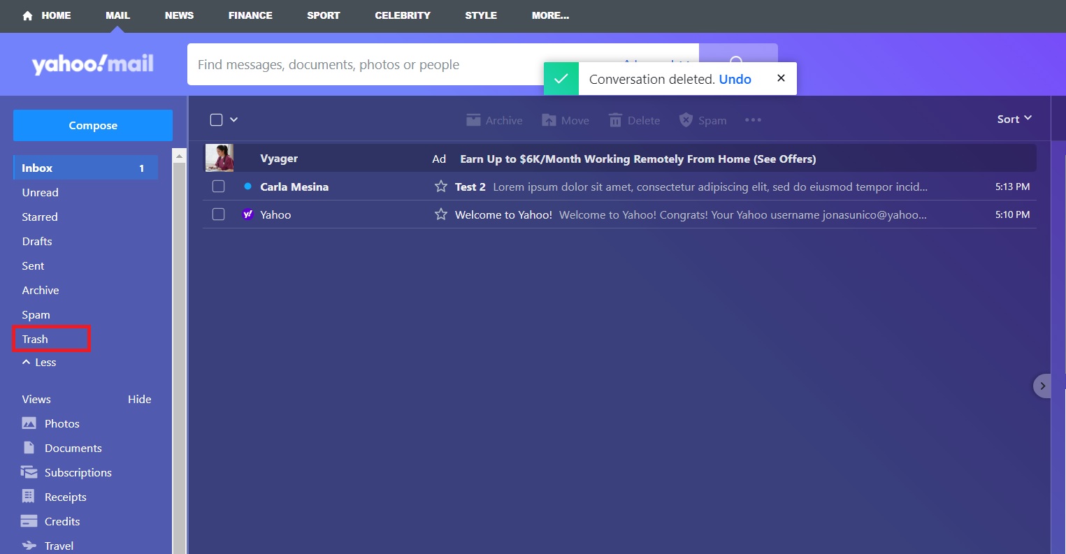 Trash button in Yahoo Mail