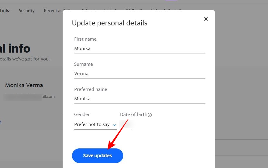 Update personal details popup on Yahoo Web version