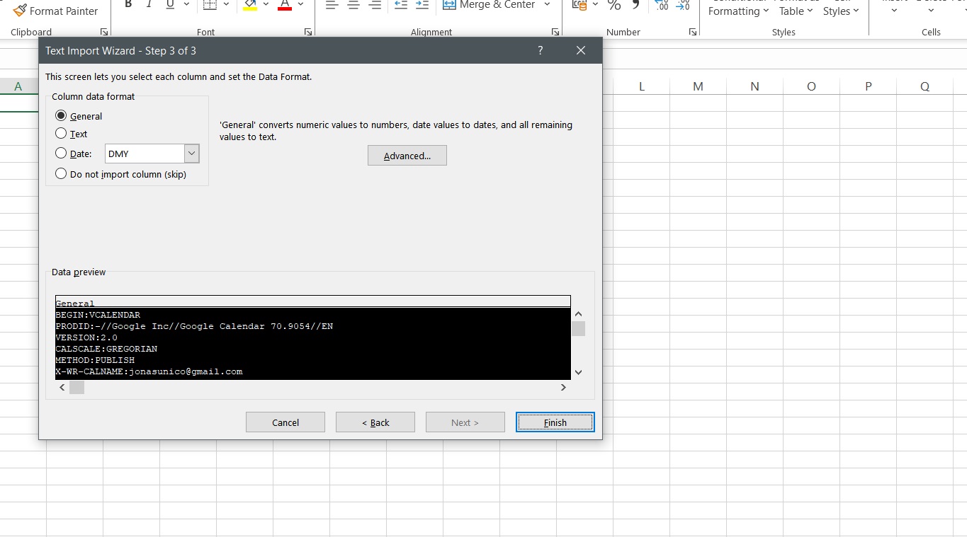 Uploading ICS file to Excel